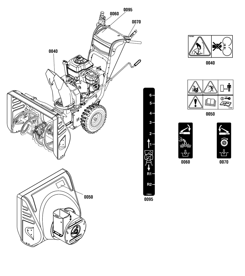 Decals Group Diagram and Parts List for 1696568-00 2015 Briggs and Stratton Snow Blower